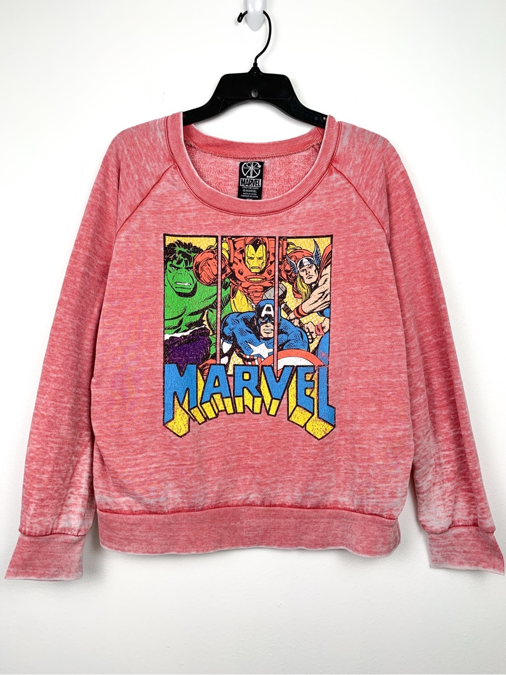 Marvel Comics burnout sweatshirt pink with Hulk, Iron Man, Thor & Cap sz medium
